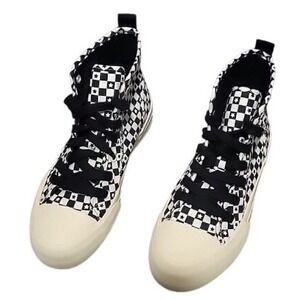 Checkered Black White High Top‎ Sneakers Fashionable Style Womens Shoes